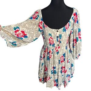 Free People Floral Smocked Cottagecore Balloon Sleeve Mini Dress Cream Sz L